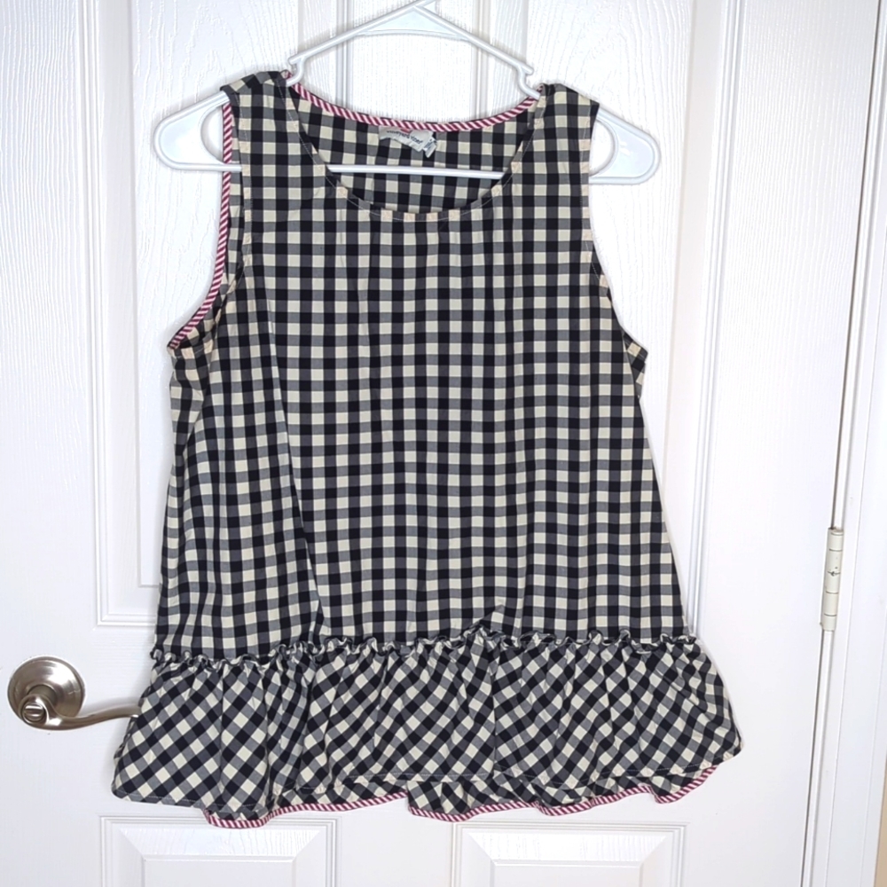 Vineyard Vines Gingham Sleeveless Flounce Shirt Black White Ruffle hem Medium